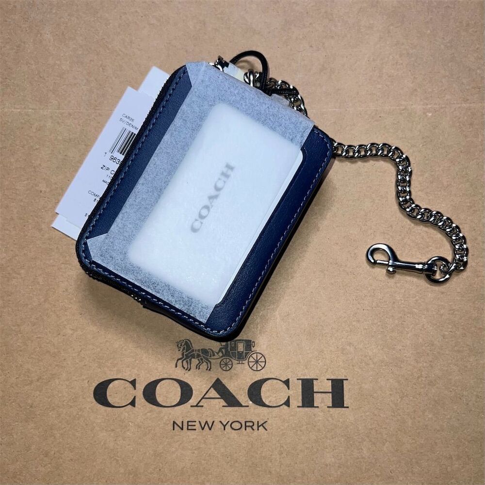 COACH Denim Blue Zip Cardholder Cardcase w Silver Hardware & Chain CAR26 NWT - Picture 4 of 5